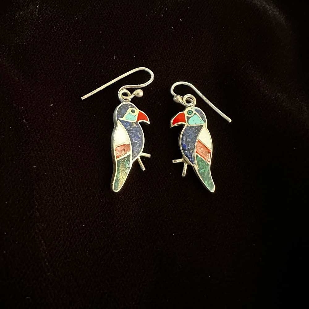 Peruvian Silver Lapiz Lazuli Inlay Parrot Bird Earrings